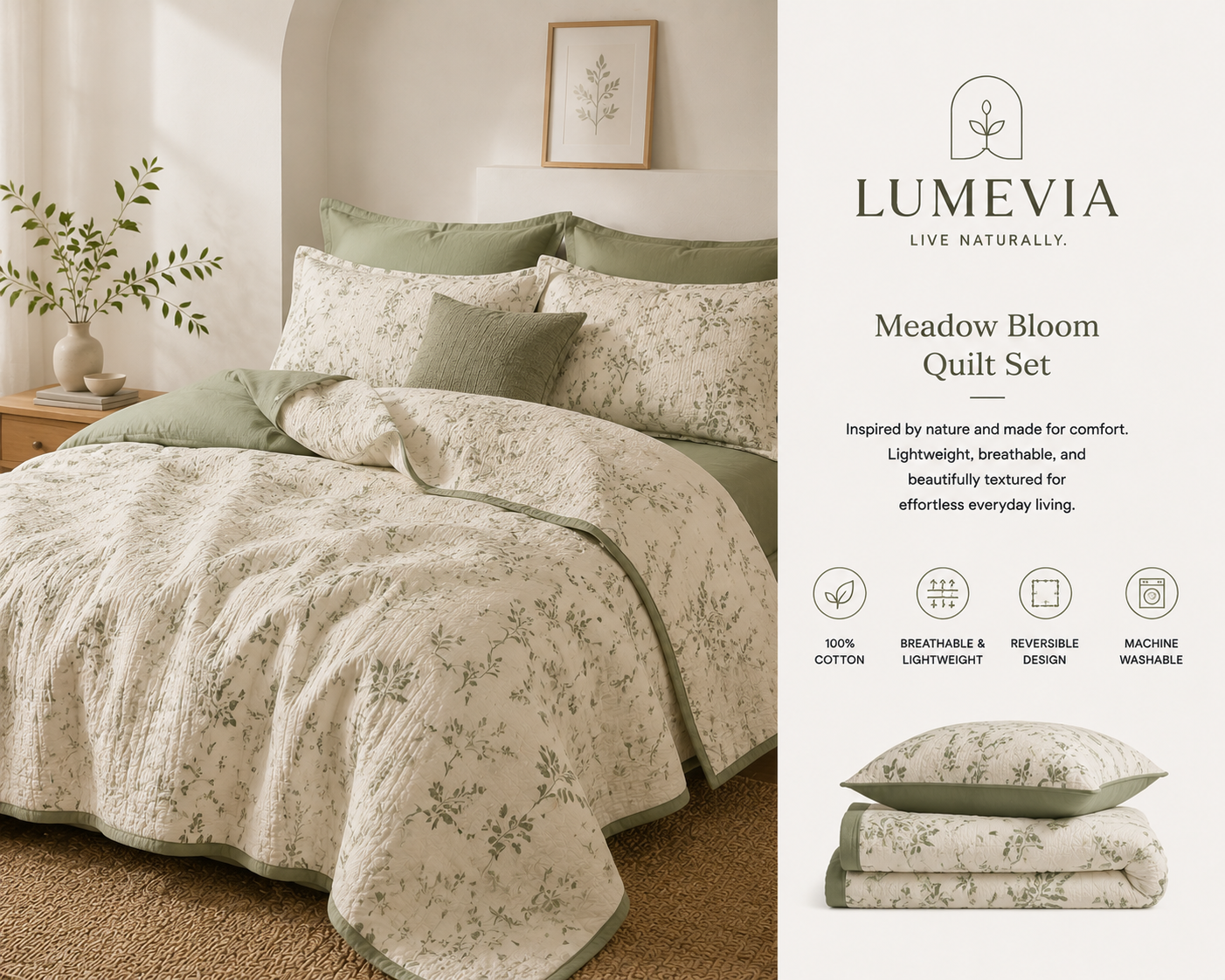 🌿 Lumevia® Meadow Whisper Reversible Quilt Set
